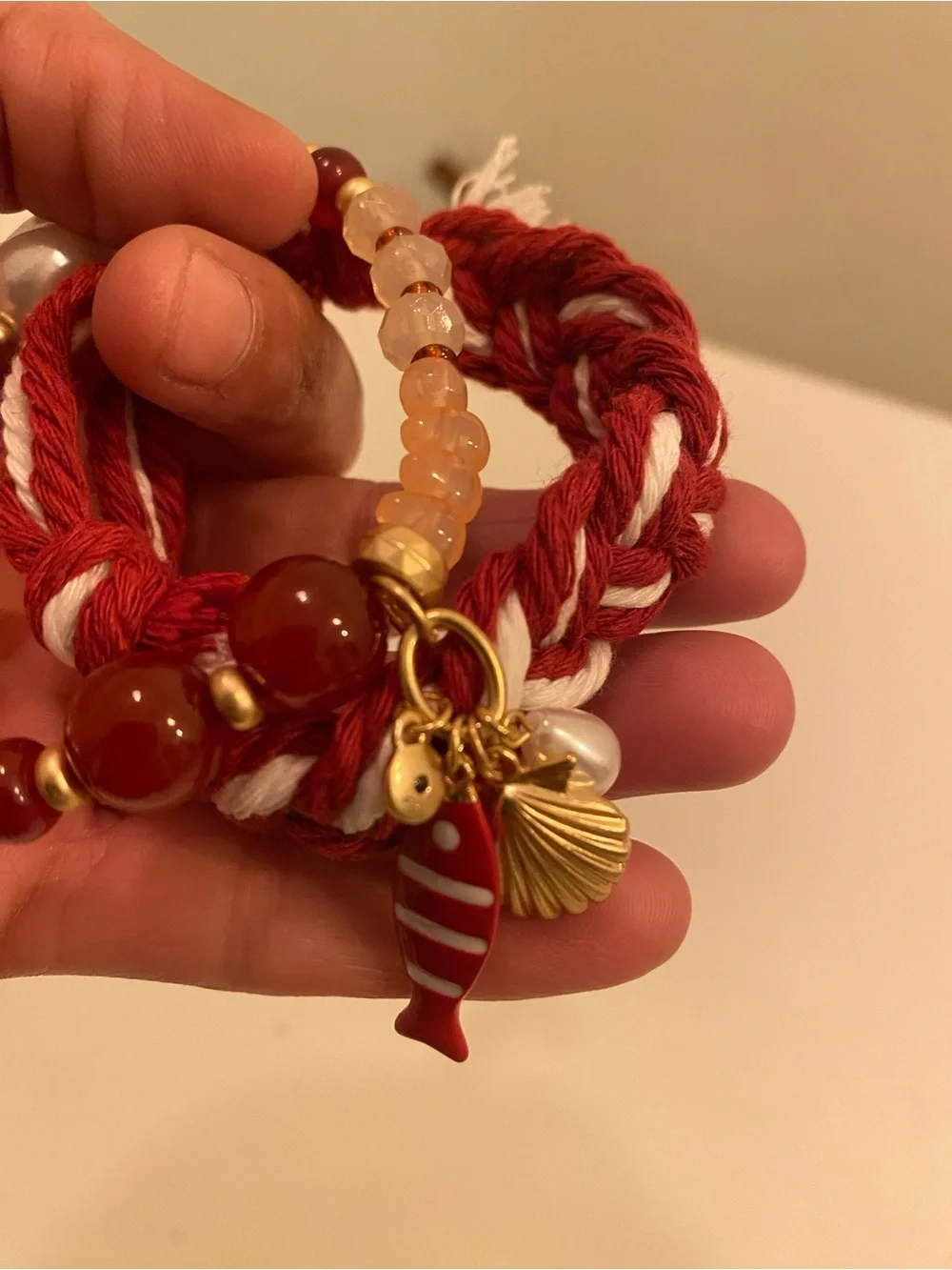 Nautical Red Beaded Charm & Braided Bracelet Set – New
